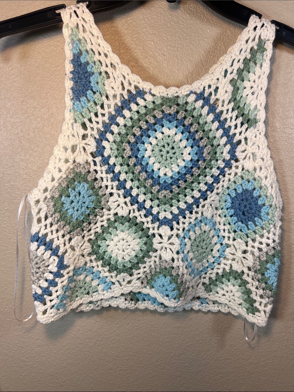 Altar'd State White Crochet Crop Top with Blue and Green Accents